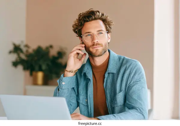 Caucasian Man Talking on Phone at Desk