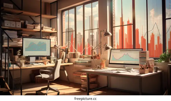 A modern office with a large window looking out onto a city skyline