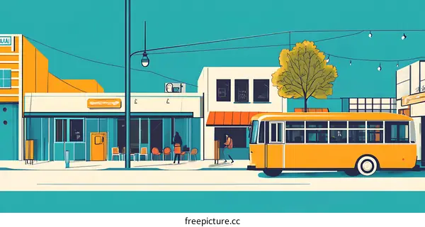 Cityscape Illustration with a Yellow Bus and People