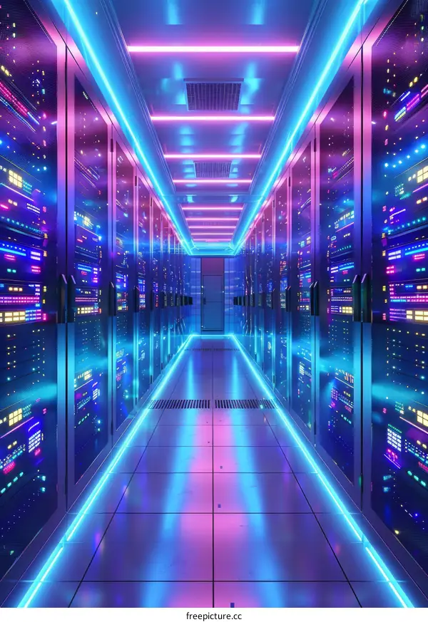 Server room with colorful neon lights