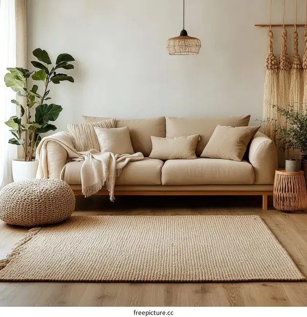 Beige Living Room with Natural Rug and Sofa