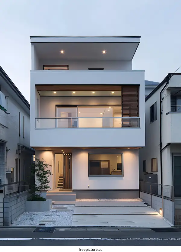 Modern White House with Wooden Accents and Balconies