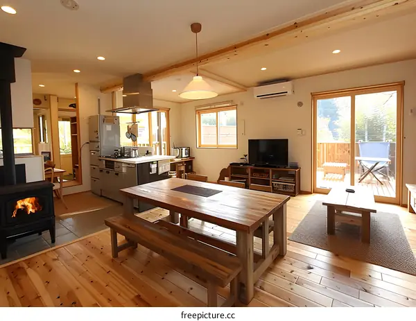A living room with a dining table, a sofa, and a TV