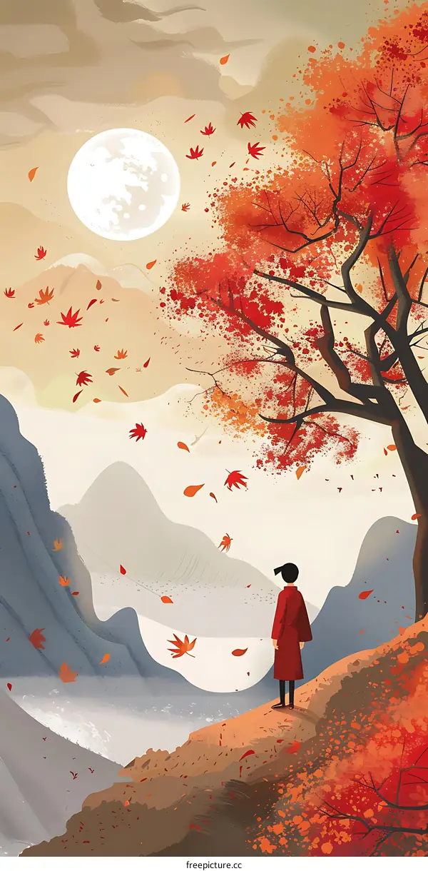 Woman Standing on Cliff Watching Autumn Leaves Fall