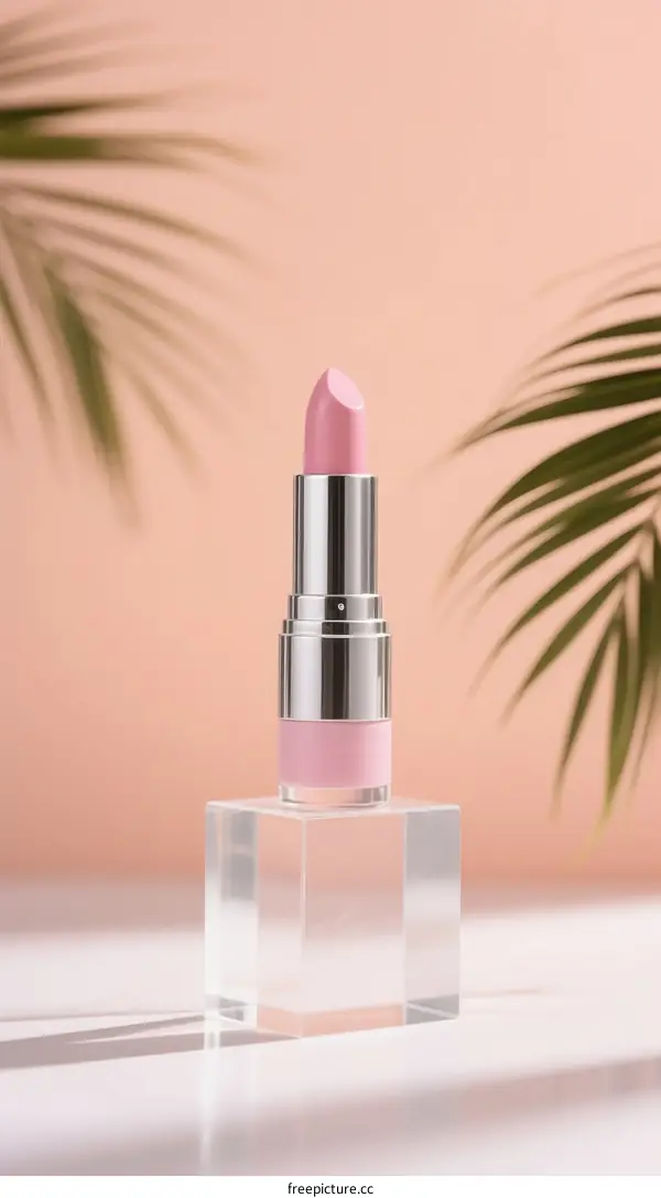 Pink Lipstick on Clear Cube with Green Palm Leaves Background