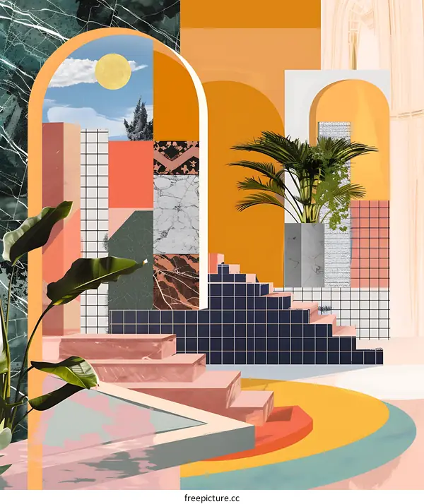 Abstract Collage Art with Geometric Shapes,  Arches, and a Palm Tree