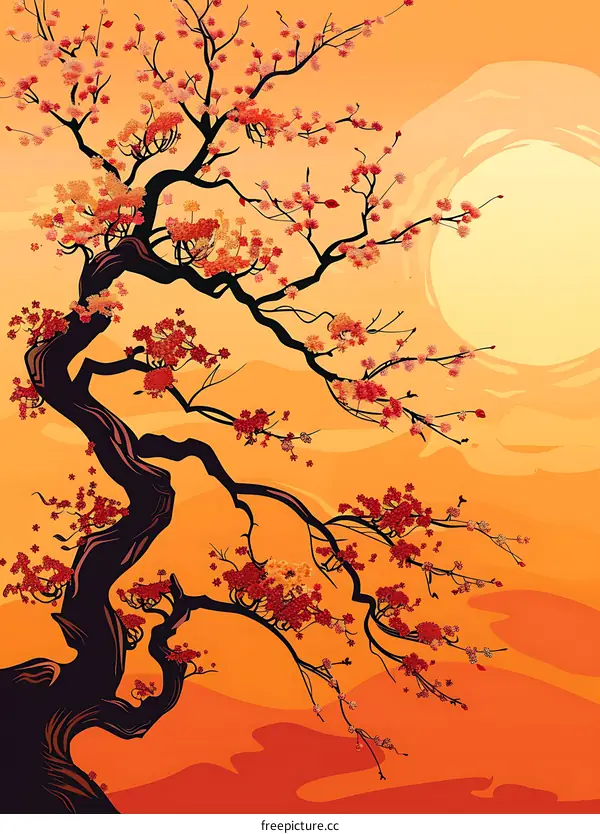 Japanese Cherry Blossom Tree Illustration With Sunset Background