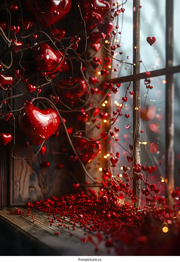 Red Hearts Hanging from a Window Frame