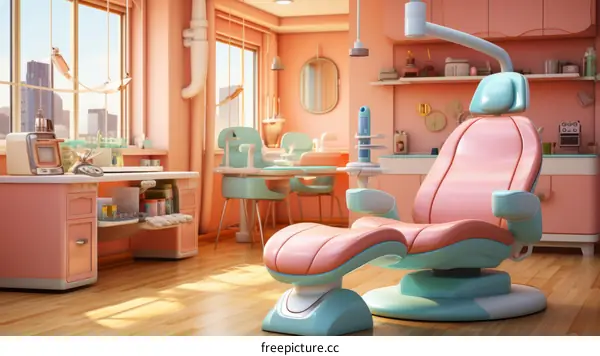 Retro Dental Clinic with Pink and Blue Interior and Large Window