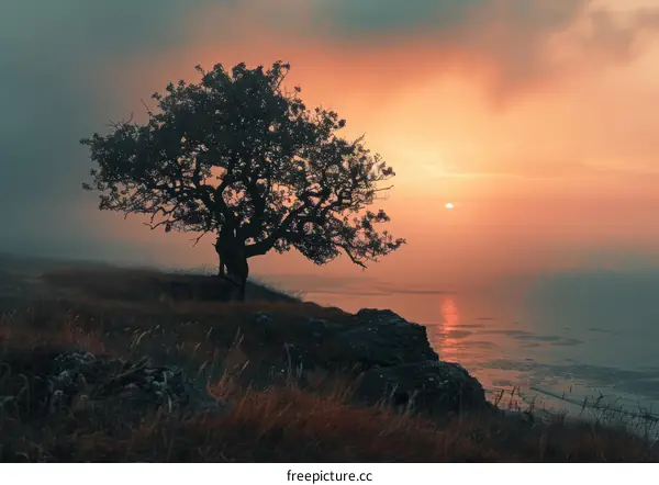 Lonely tree on a hill during sunset