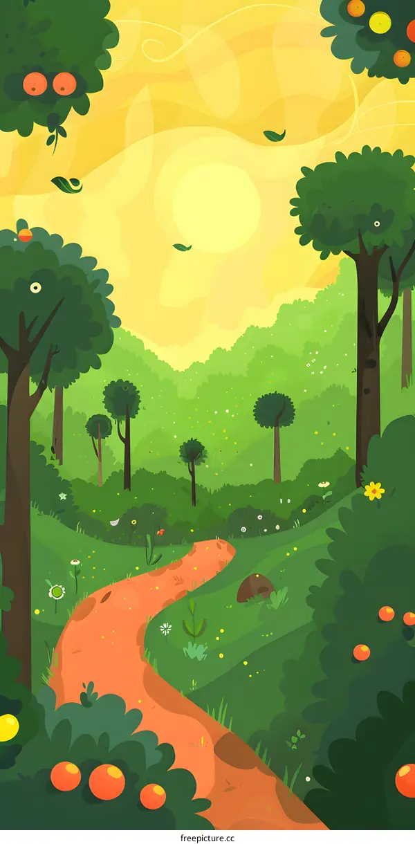 Green Forest Path with Orange Fruits