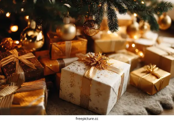Golden Christmas Gifts Under the Tree