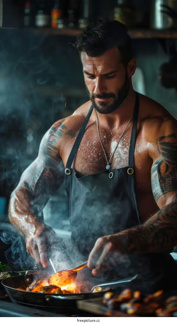 Hot muscular tattooed man cooking at the kitchen stove shirtless
