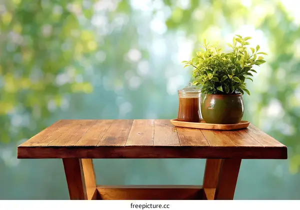 Wooden Table with Plants and Drink