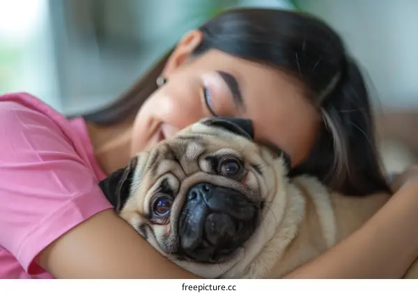 Asian woman hugging a pug dog