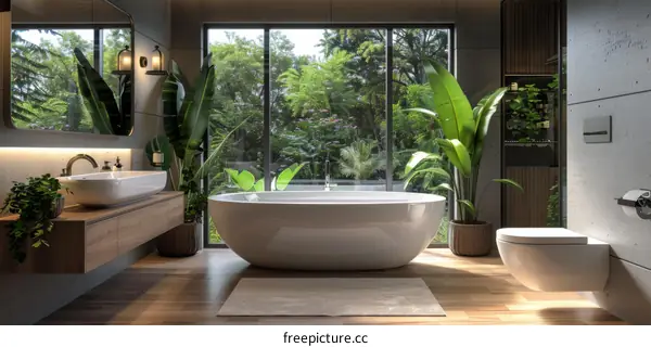 Modern Tropical Bathroom with Large Window
