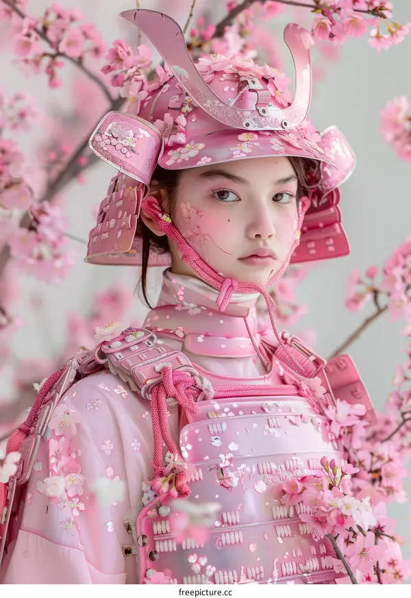 Portrait of a young woman in a pink samurai armor