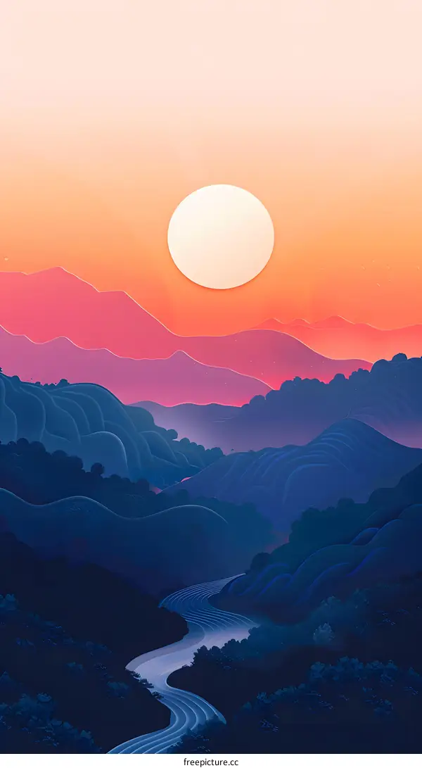 Abstract Mountain Sunset Landscape with River