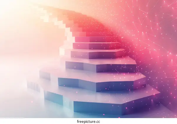 Surreal pink and blue staircase with glowing particles
