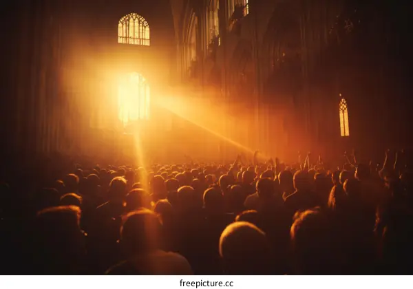 A large crowd of people are gathered inside a church.