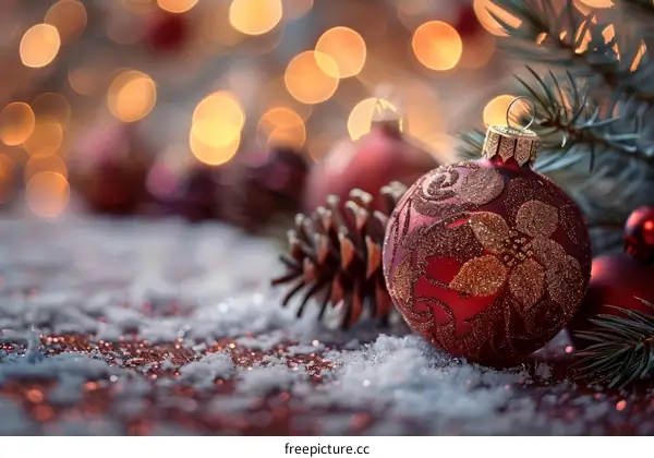 Red and Gold Christmas Ornaments with Pine Cones on Snow
