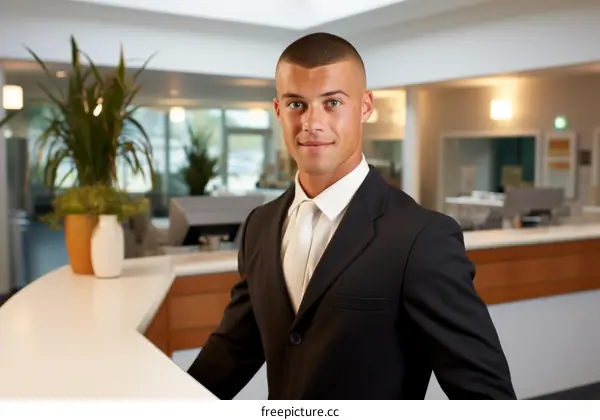 Young male receptionist standing at the front desk of a hotel