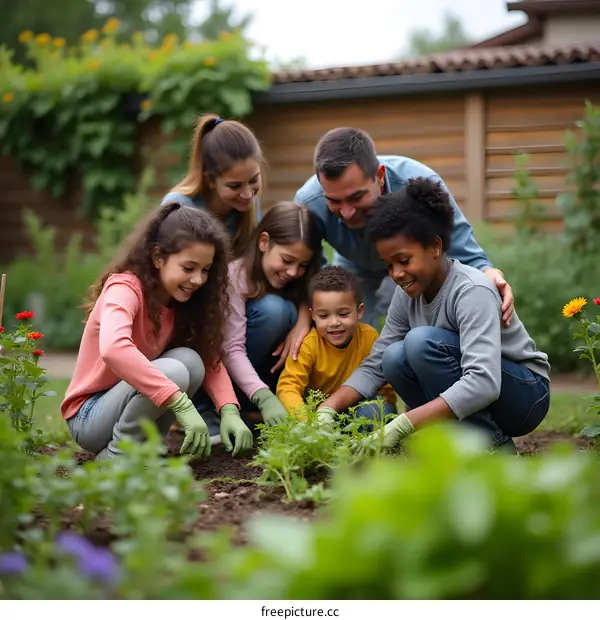 Family Gardening Together in Backyard