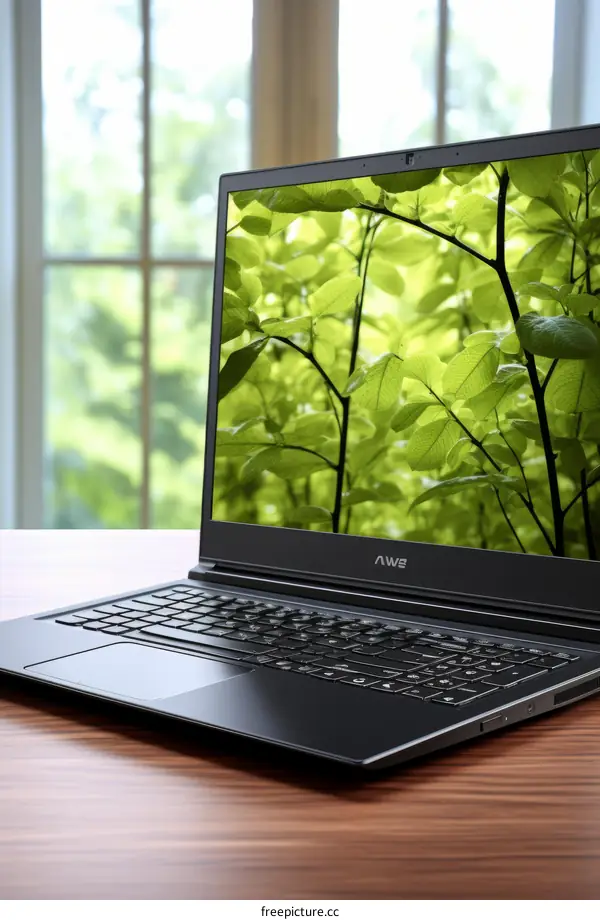 Laptop with a picture of green leaves on the screen