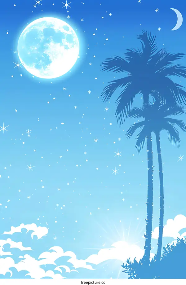 Blue Sky with Palm Trees and Full Moon