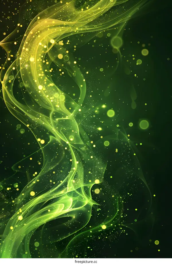 Green silk-like waves and glowing bubbles