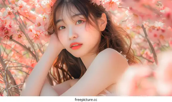 Beautiful Woman Posing in Cherry Blossom Tree