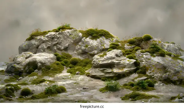 Moss Covered Rocks in a Misty Landscape