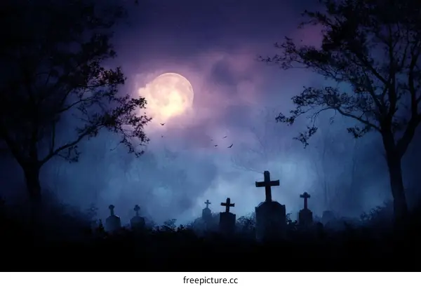 Spooky Cemetery Under a Full Moon at Night