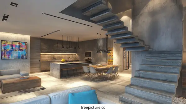 Modern Concrete Interior Design with Stylish Staircase