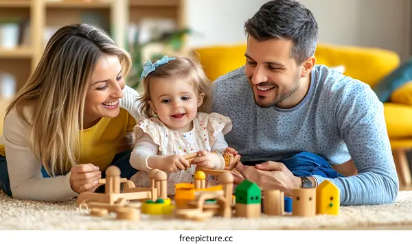 Happy Family Playing with Wooden Toys