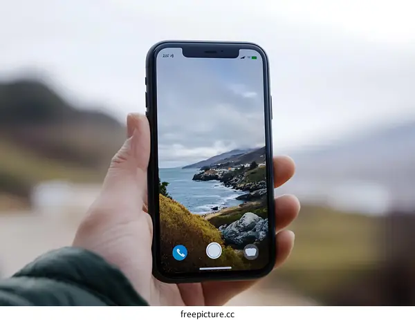 Hand Holding Smartphone Showing Coastal View