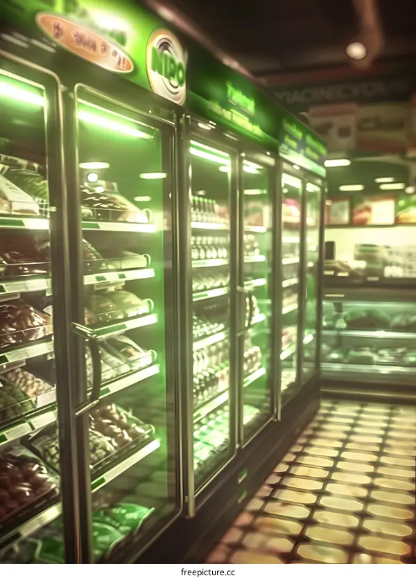 Refrigerated Display Cases Filled with Products in a Store