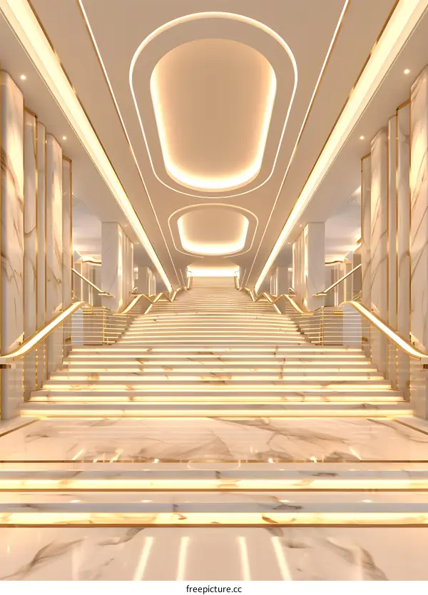 Modern White Marble Staircase with Gold Trim in a Luxury Building