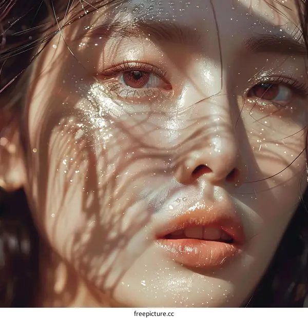 Woman with Glitter Makeup and Leaf Shadows