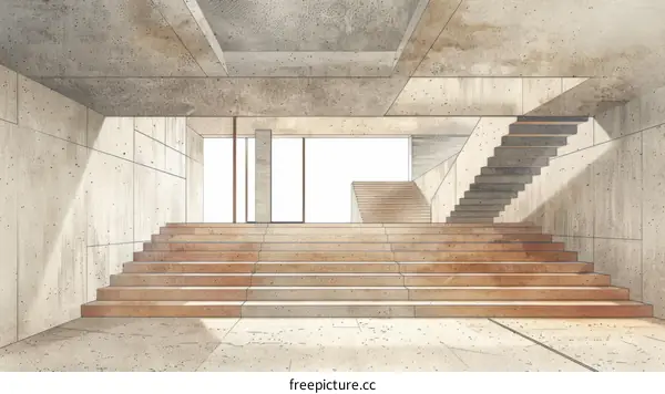 Architectural sketch of a modern building interior with concrete staircase