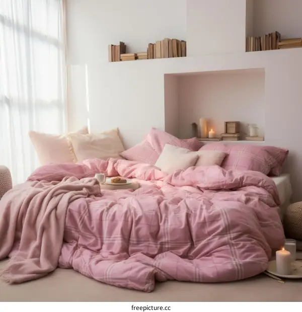 Cozy Pink and White Bedroom Decor with Books Candles and Flowers