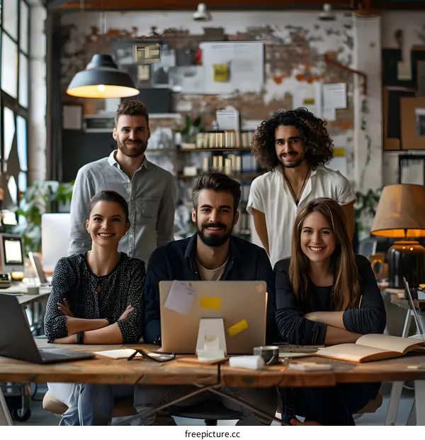 portrait of five business people in a modern office