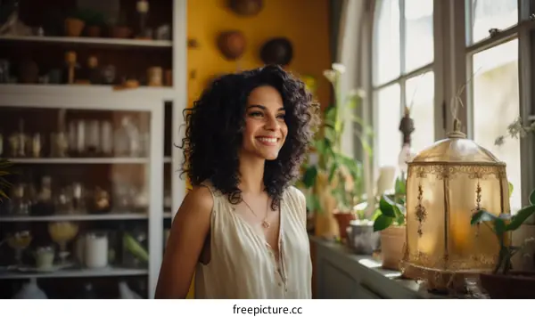Portrait of a young woman with curly hair smiling in front of a window