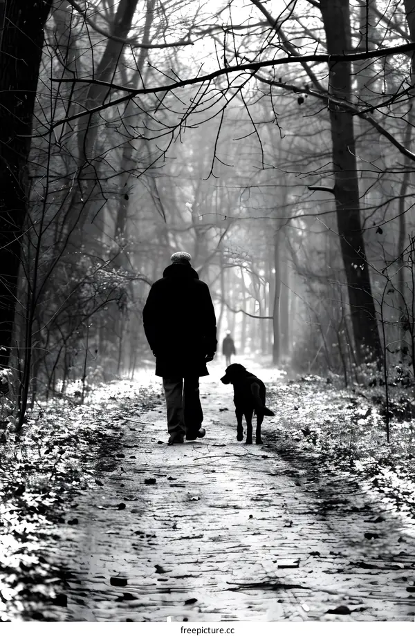 Man Walking Dog in Snowy Forest