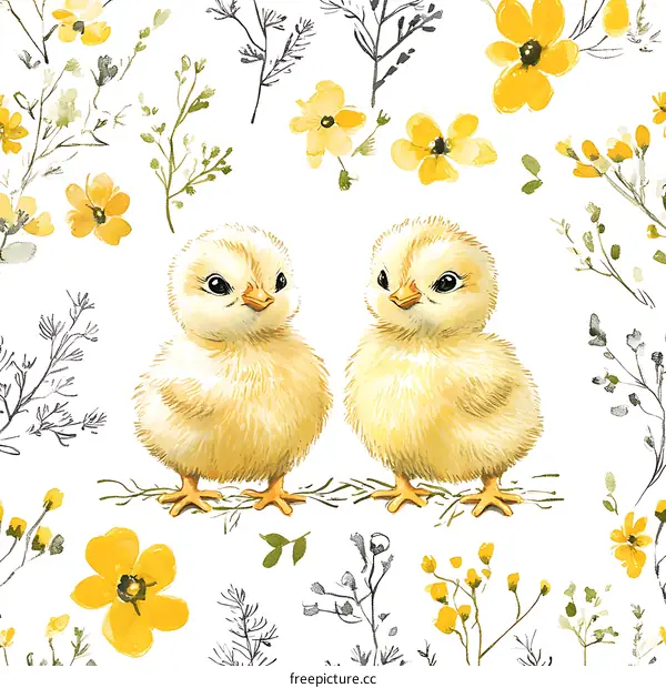 Cute Chick Illustration with Floral Background