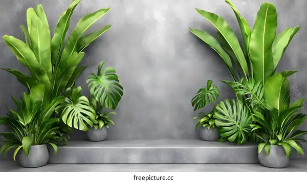 Tropical Plants and Gray Concrete Wall Minimalist Background