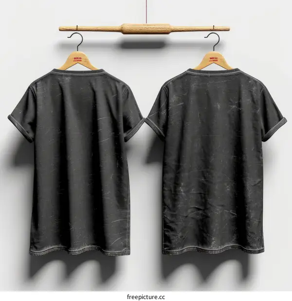 Black t-shirt mockup hanging on a wooden hanger