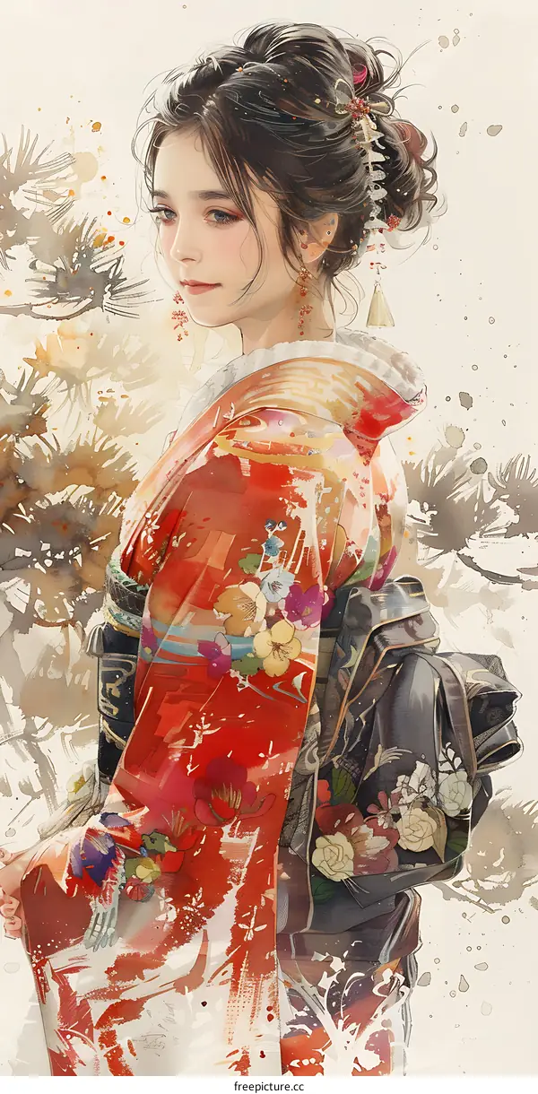 An Asian woman in a red kimono with a floral pattern is standing in a forest of pine trees.