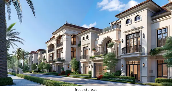 European style townhouses with palm trees