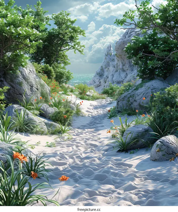 Path to the Sea Through Rocks and Flowers